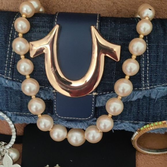 Denim Clutch with Gold Accent and Pearl Jewelry - Picture 5 of 16